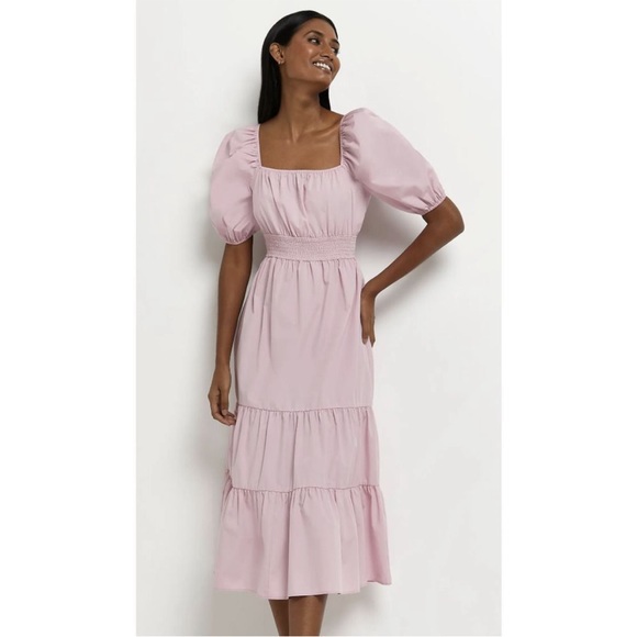 River Island Dresses & Skirts - River Island Light Pink Bardot Style Shirred Poplin Midi Dress Size 6 US ~UK 10